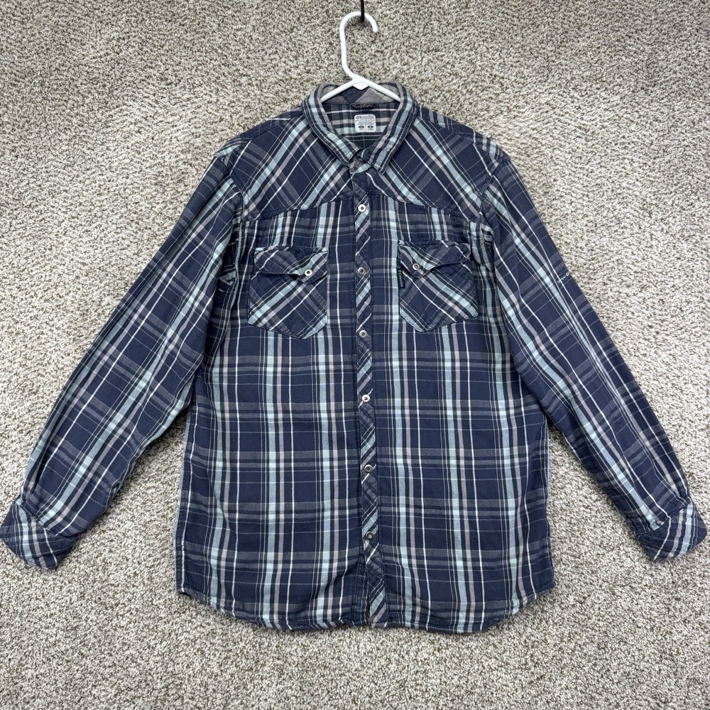 Columbia Flannel Shirt Mens Size Large Blue Plaid Omni Dry Long Sleeve Button Up
